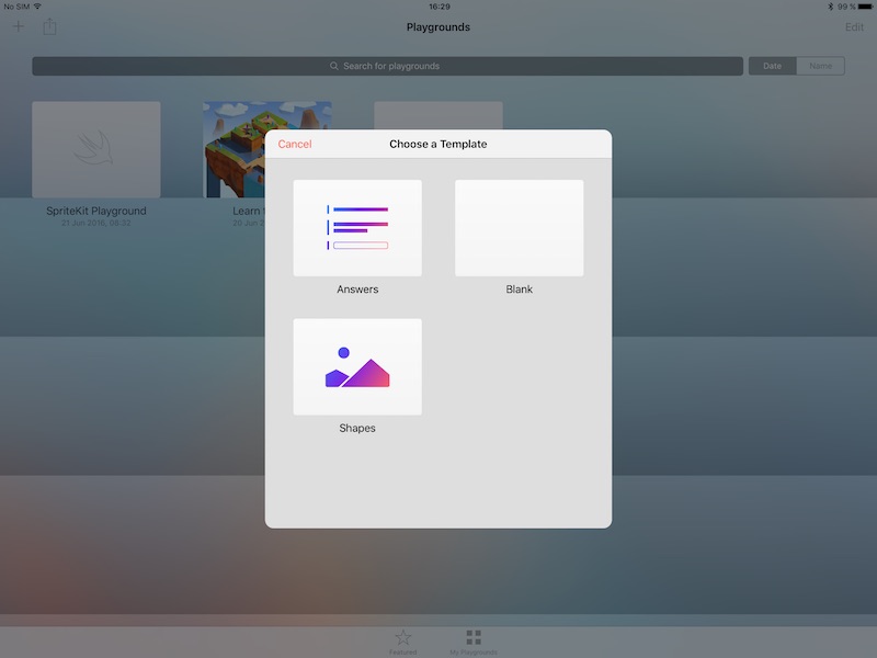 iPad Create a new Playground