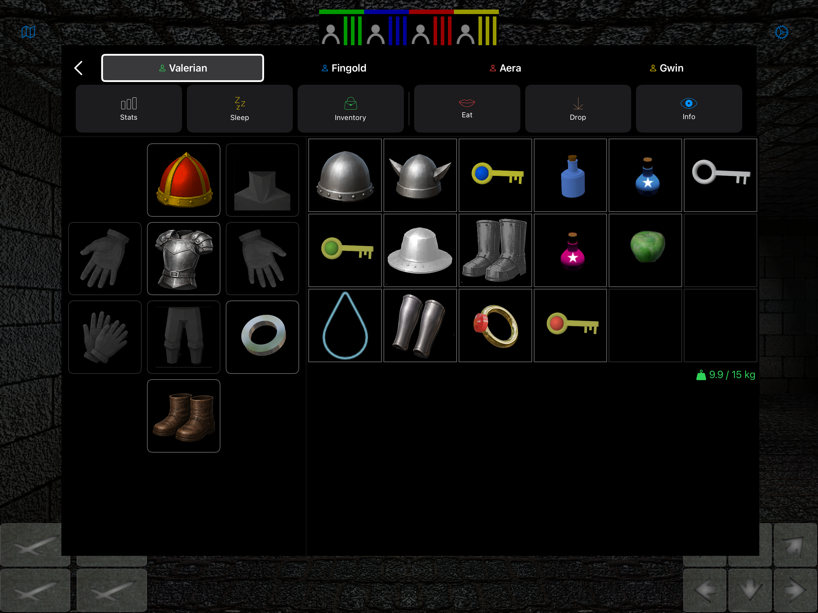 Visual equipment screen with armor and accessories equipped