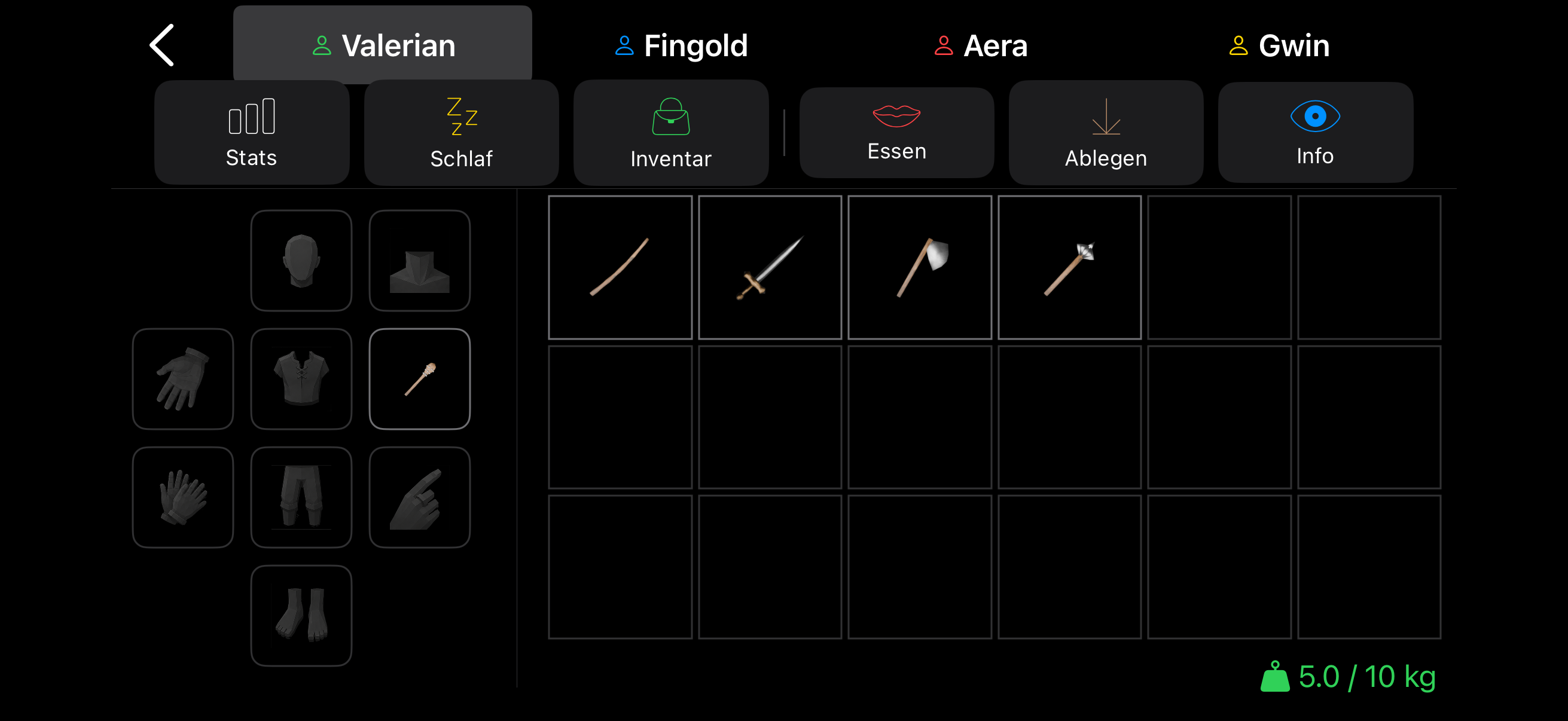 Per-hero inventory showing a weapon equipped in the hand slot