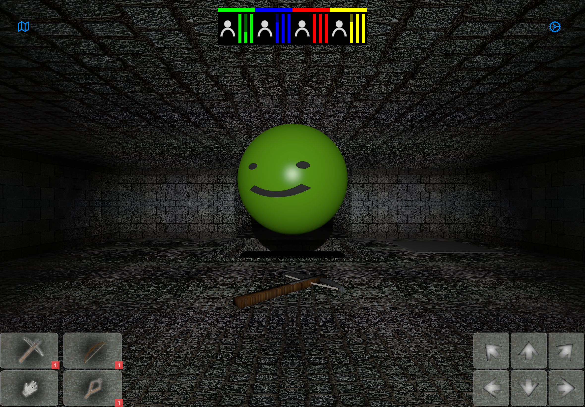 The party facing a monster with a crossbow, bow and sling ready on the attack buttons, each showing its loaded ammo count