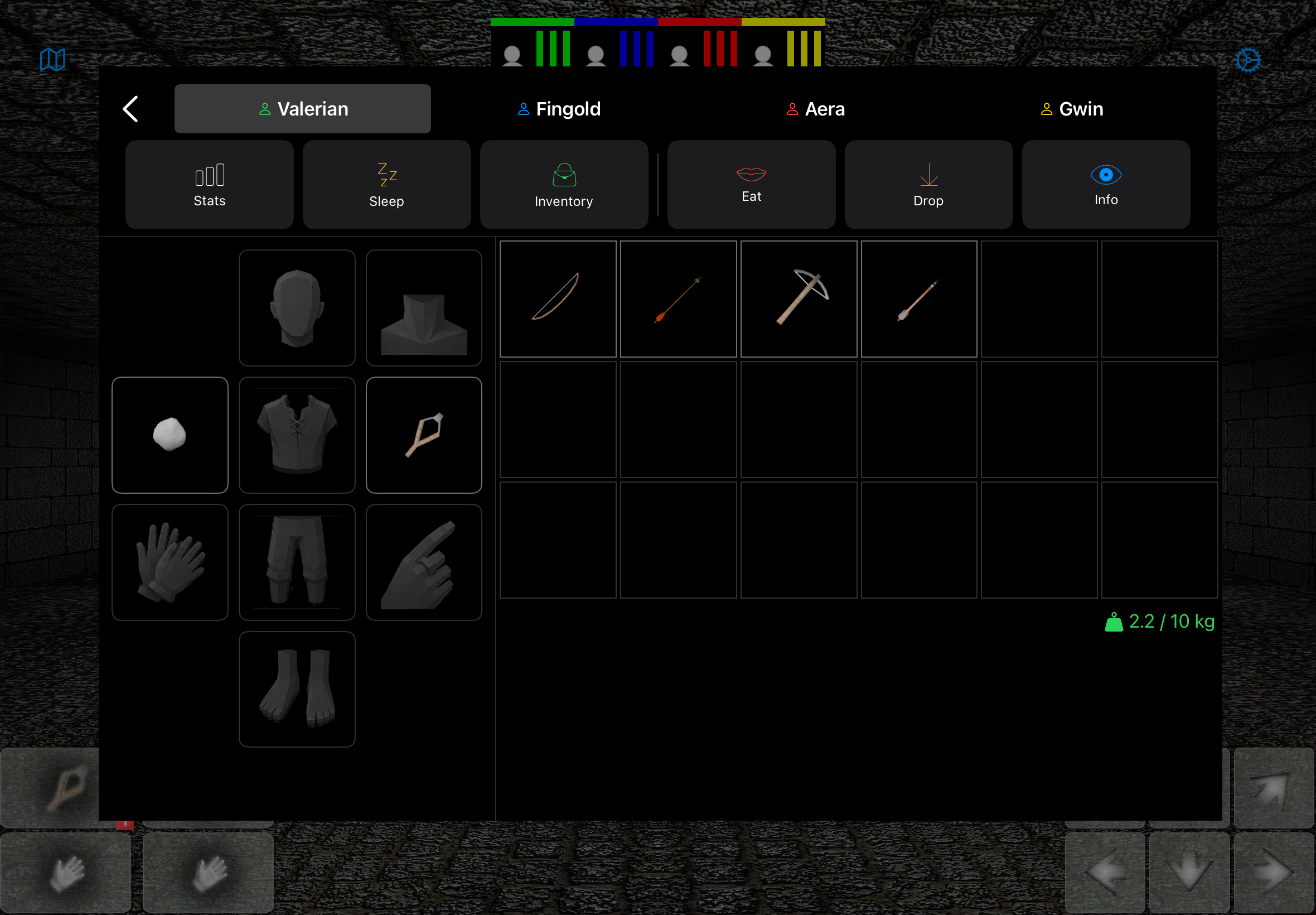 Valerian's inventory with a slingshot equipped in one hand and a stone in the other, and a bow, arrow, crossbow and bolt waiting in the backpack