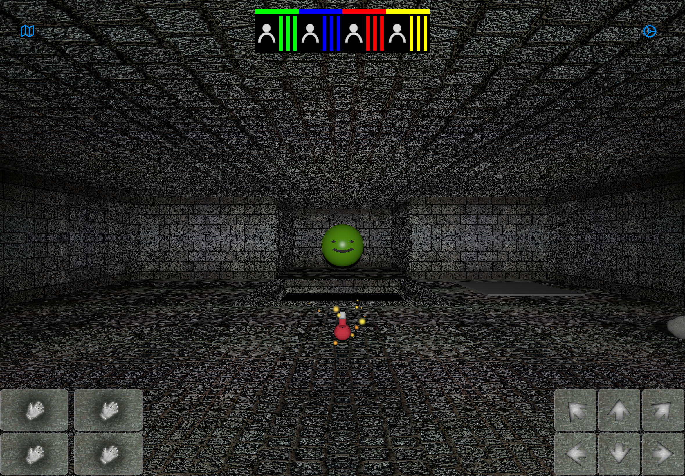 A glowing skill potion lying on the dungeon floor, its coloured halo marking it as a permanent effect