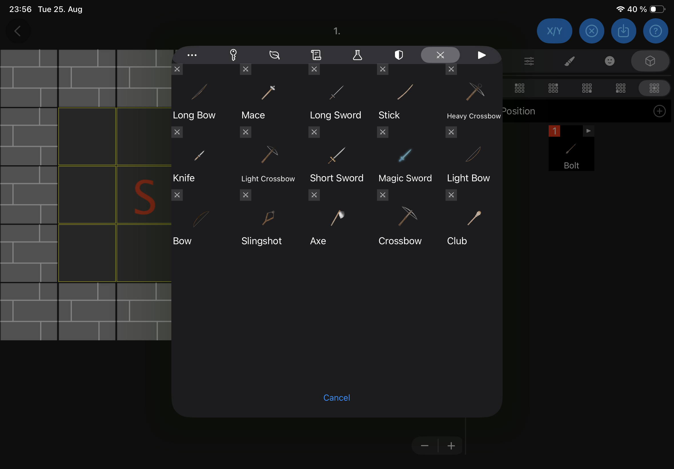The Level Editor's weapon model picker showing the new long bow, light and heavy crossbows and slingshot alongside the Magic Sword, with a Bolt placed on the level