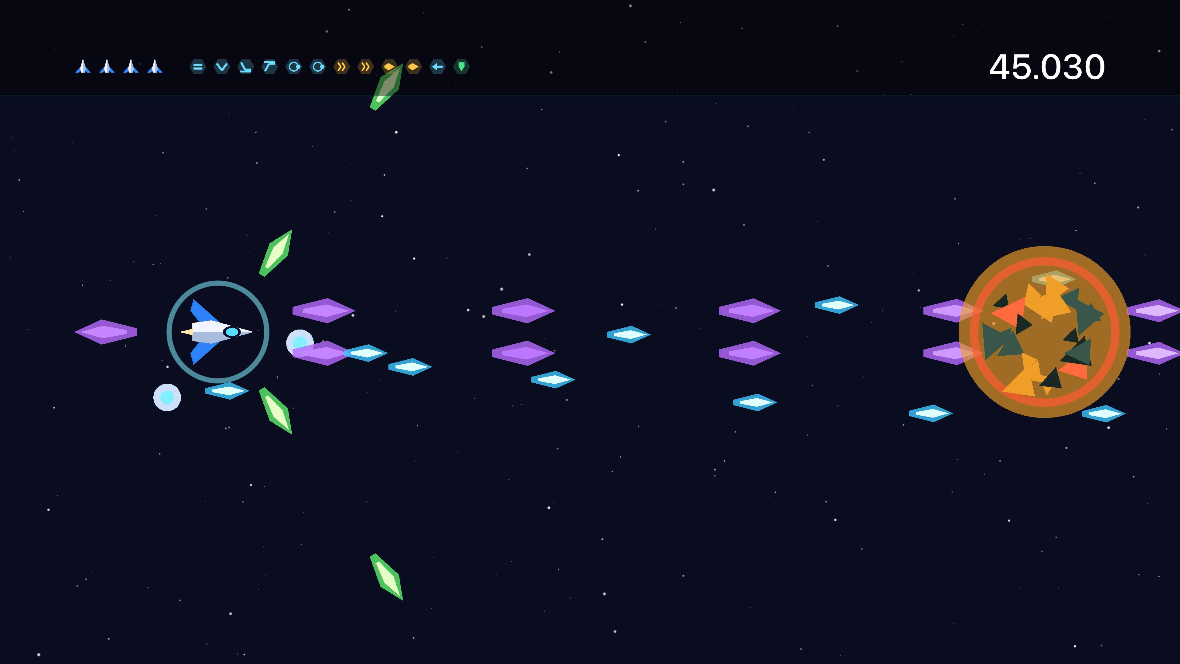 A boss coming apart in a ring of fire at the end of a level on Apple TV, the score climbing past 45,000