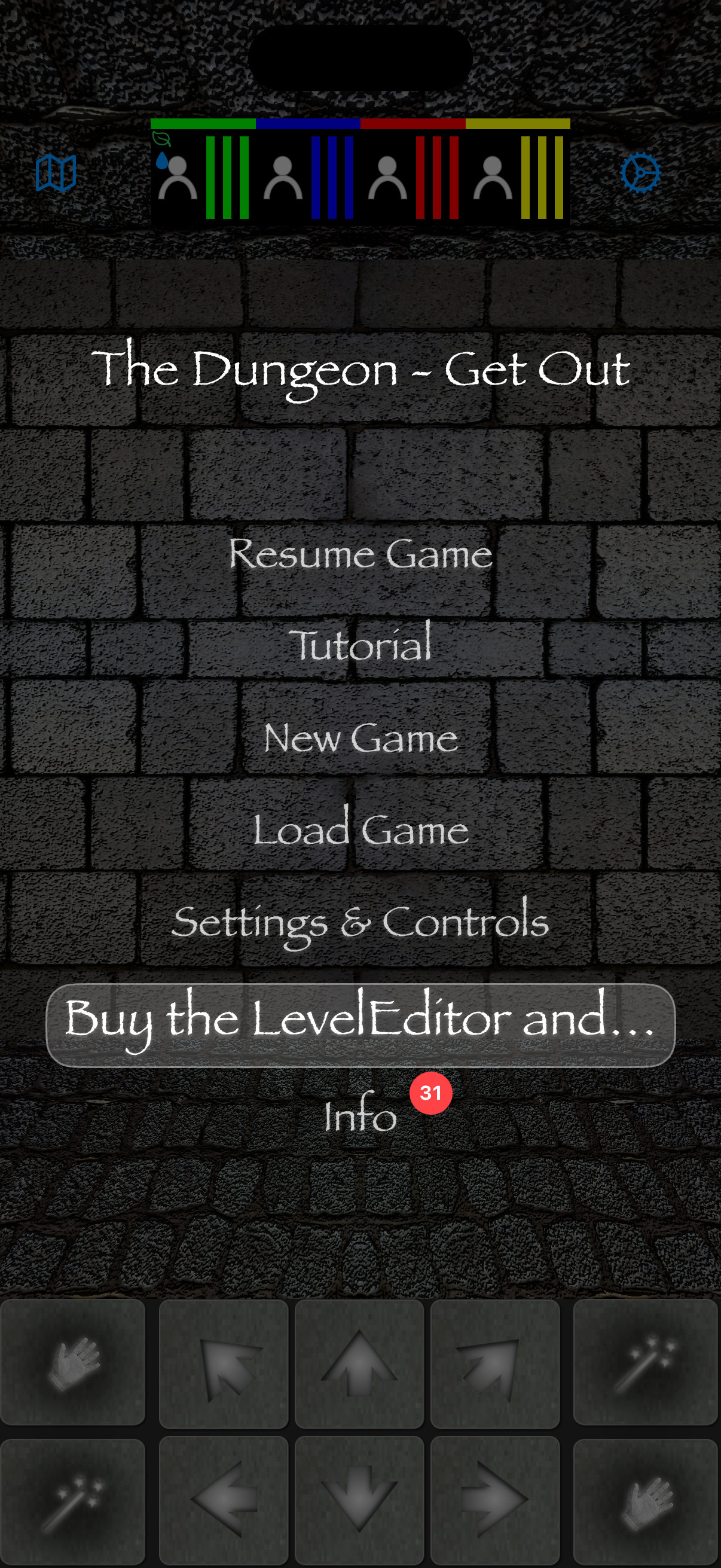 The game's main menu on iPhone with the new 'Buy the Level Editor' entry between Settings & Controls and Info