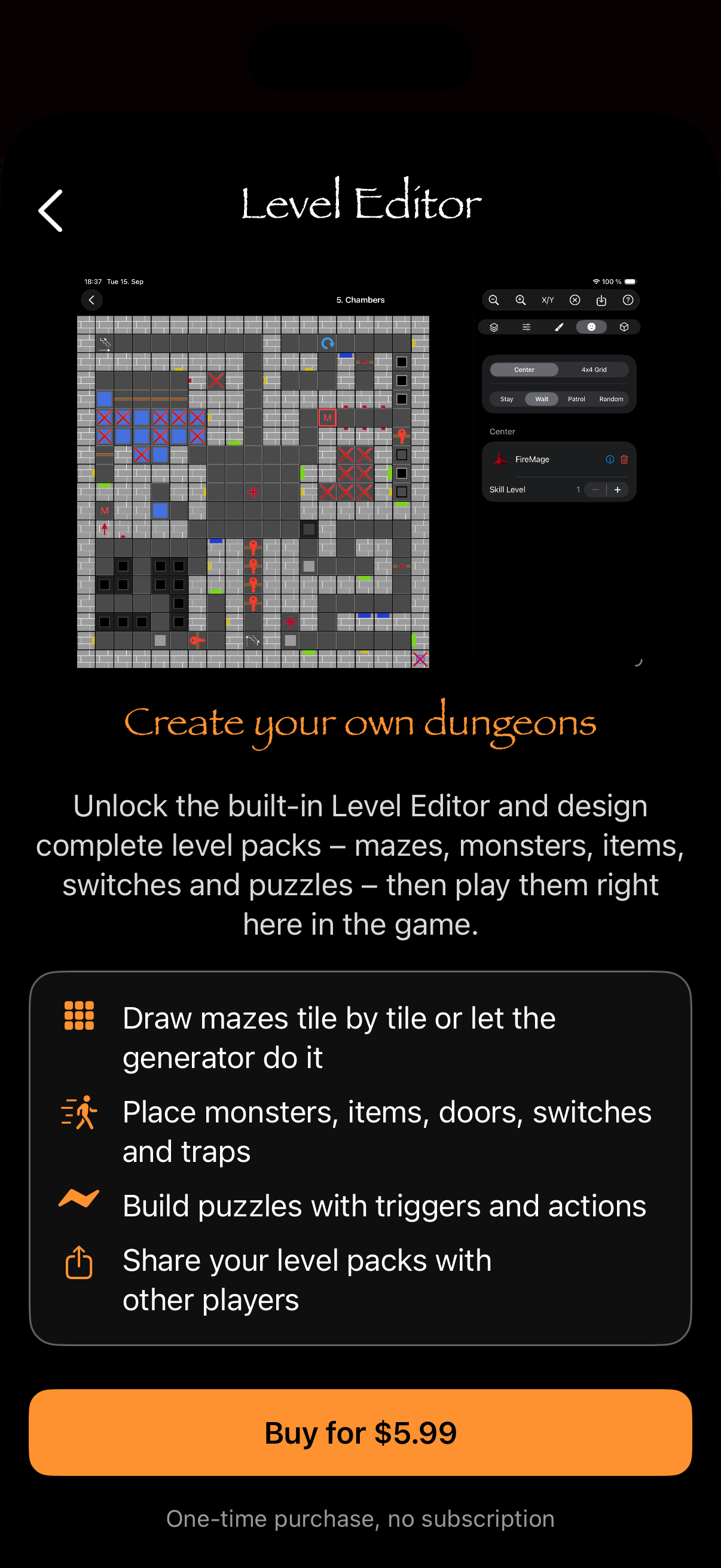 The in-game purchase screen for the Level Editor: a preview of the iPad editor, a feature list and a one-time 'Buy' button