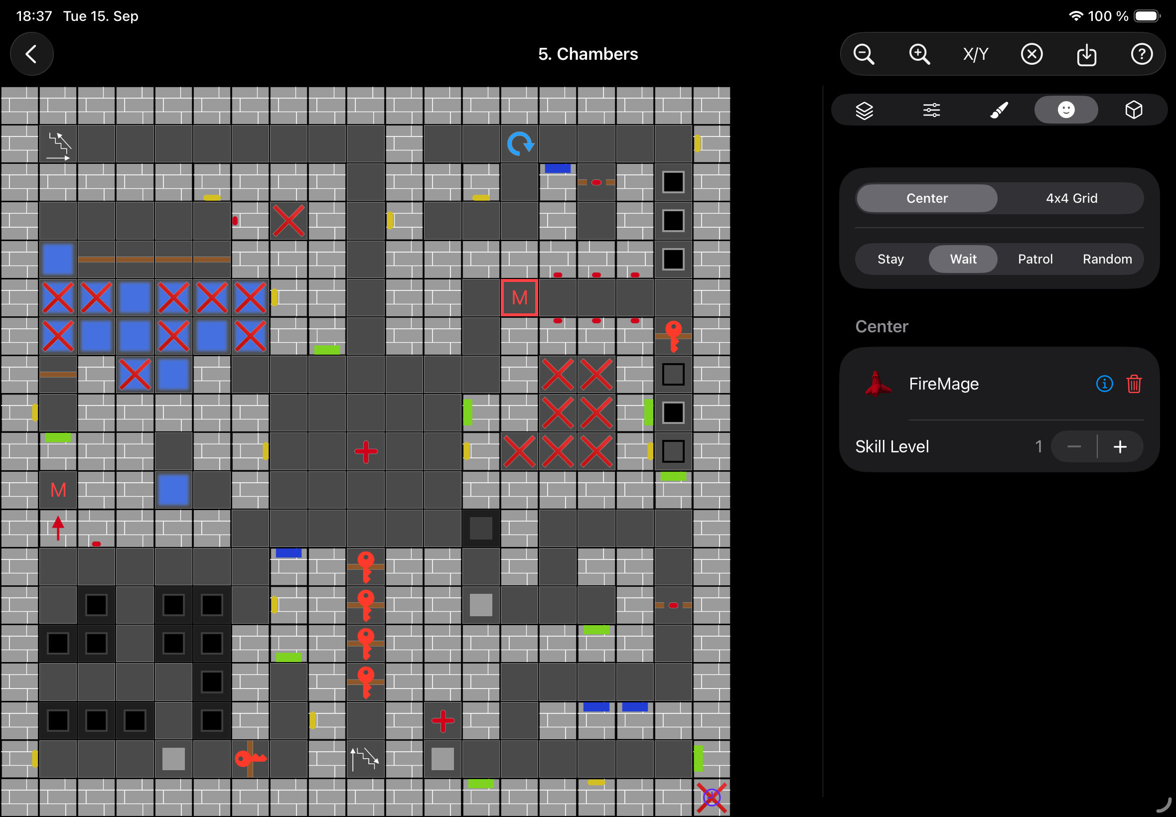 The reworked Level Editor on iPad: the level map on the left, the monster inspector with position, behavior and skill level on the right