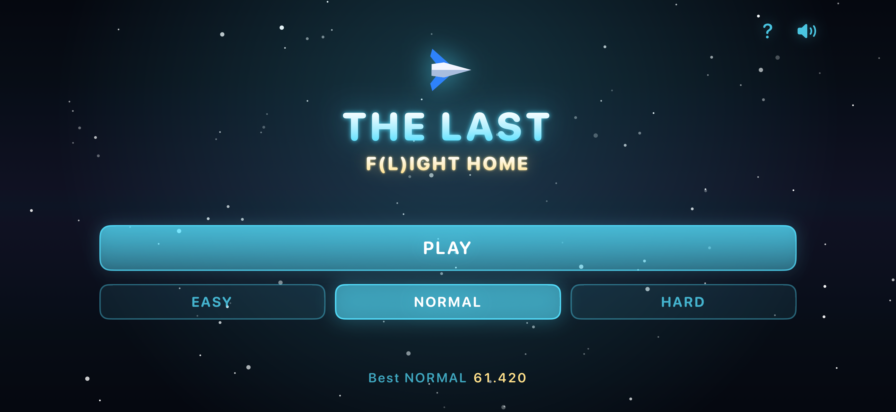 The start screen of The Last F(l)ight Home with the Play button, the Easy, Normal and Hard settings, and the best score for the chosen setting