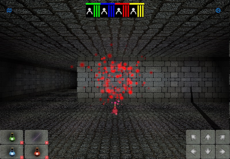 A Fireball Bomb bursting into a red cloud in front of a wall, with fire, ice and poison bombs and a magic staff on the attack buttons