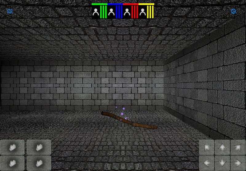 A magic staff lying on the dungeon floor, surrounded by a soft purple glow
